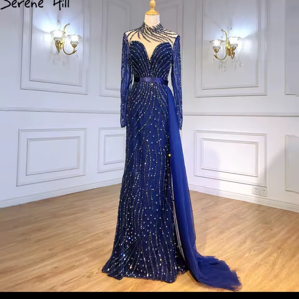 Royal Blue Sequin Gown with Mock Neck and Bishop Sleeves